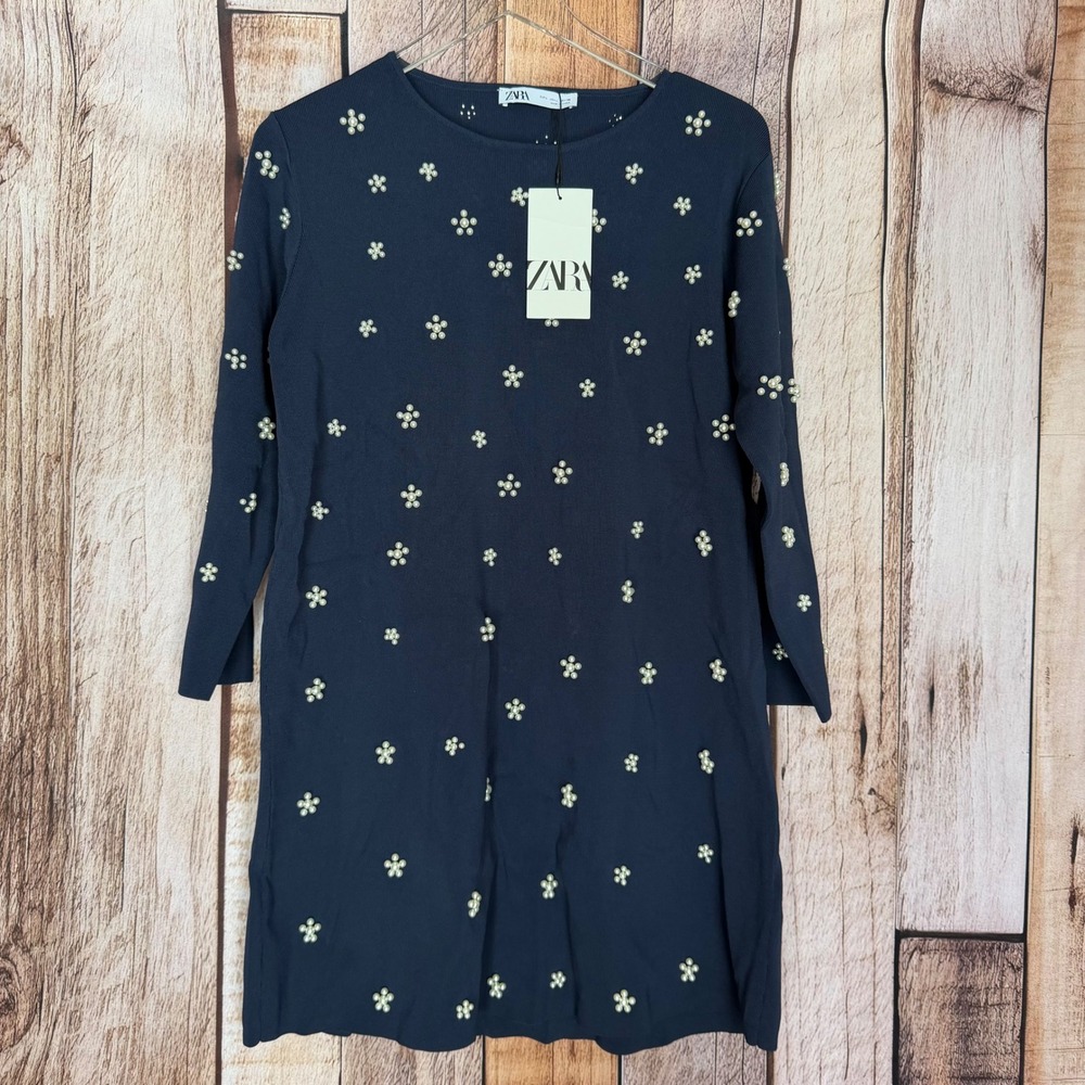 Zara Dress Embellished Faux Pearl Floral Navy Knit Event Winter Mature Large NWT